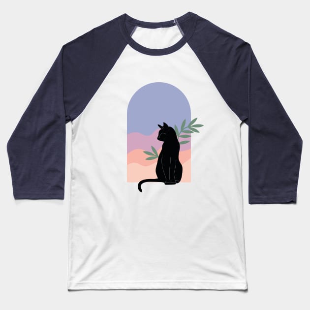 Вoho minimalist black cat with plants and sunset Baseball T-Shirt by ArtistryWhims